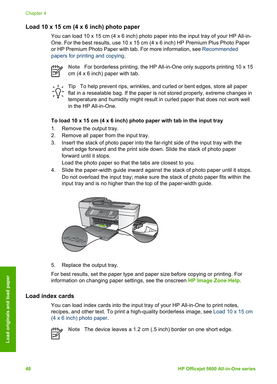 Load 10 x 15 cm (4 x 6 inch) photo paper, Load index cards | HP Officejet 5605 All-in-One Printer User Manual | Page 51 / 142