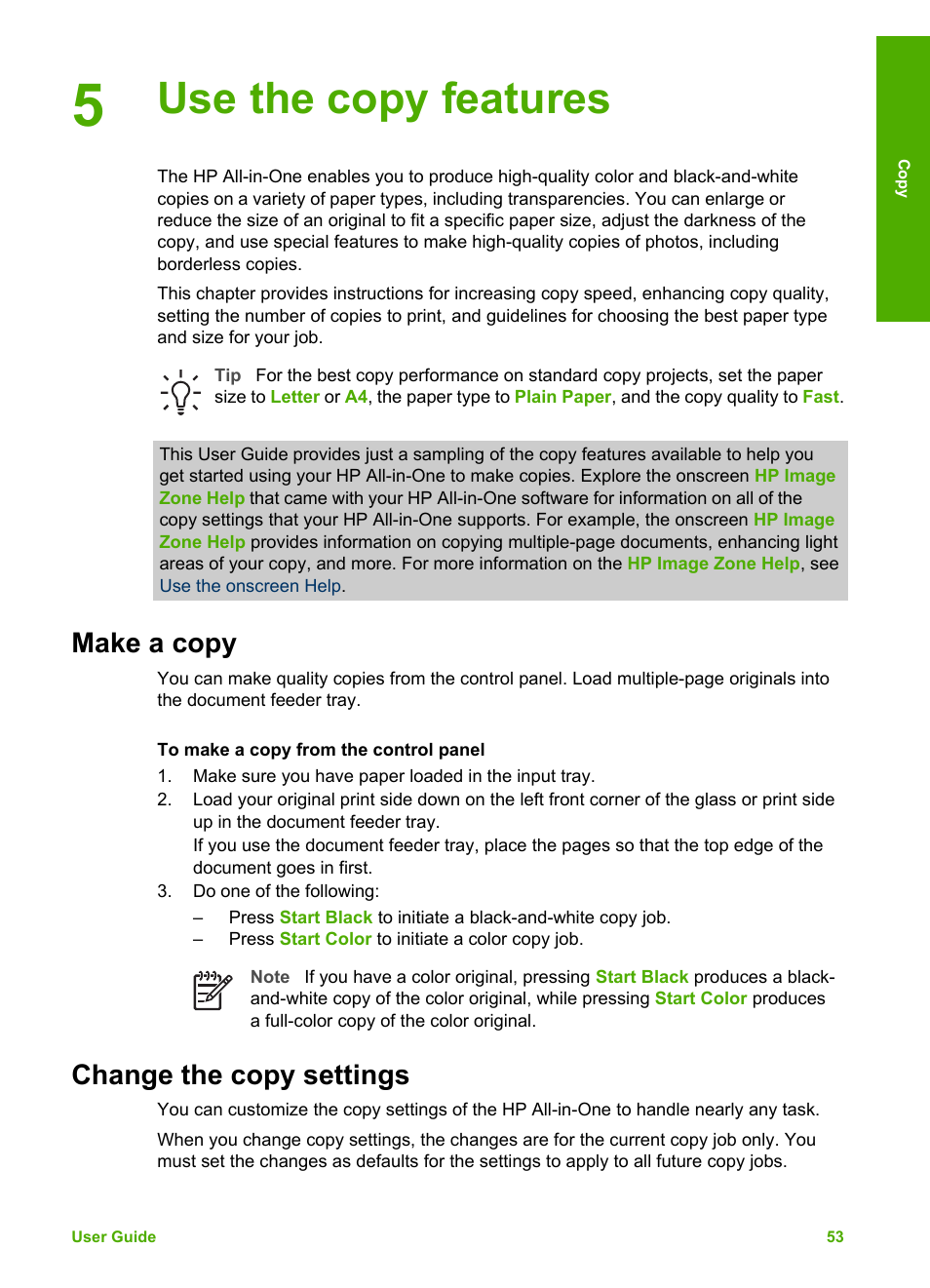 Use the copy features, Make a copy, Change the copy settings | Make a copy change the copy settings | HP Officejet 5605 All-in-One Printer User Manual | Page 56 / 142