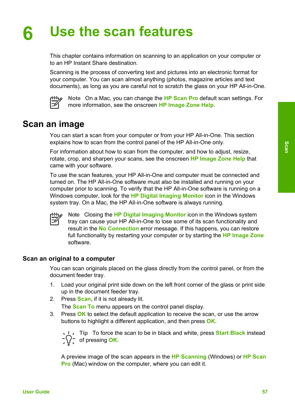 Use the scan features, Scan an image, Scan an original to a computer | HP Officejet 5605 All-in-One Printer User Manual | Page 60 / 142