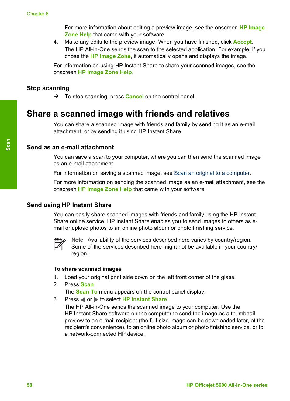 Stop scanning, Share a scanned image with friends and relatives, Send as an e-mail attachment | Send using hp instant share | HP Officejet 5605 All-in-One Printer User Manual | Page 61 / 142