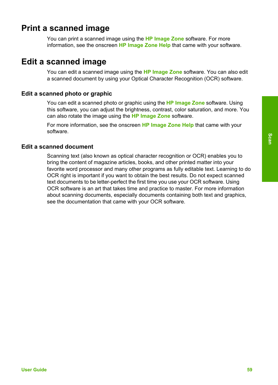 Print a scanned image, Edit a scanned image, Edit a scanned photo or graphic | Edit a scanned document, Print a scanned image edit a scanned image | HP Officejet 5605 All-in-One Printer User Manual | Page 62 / 142