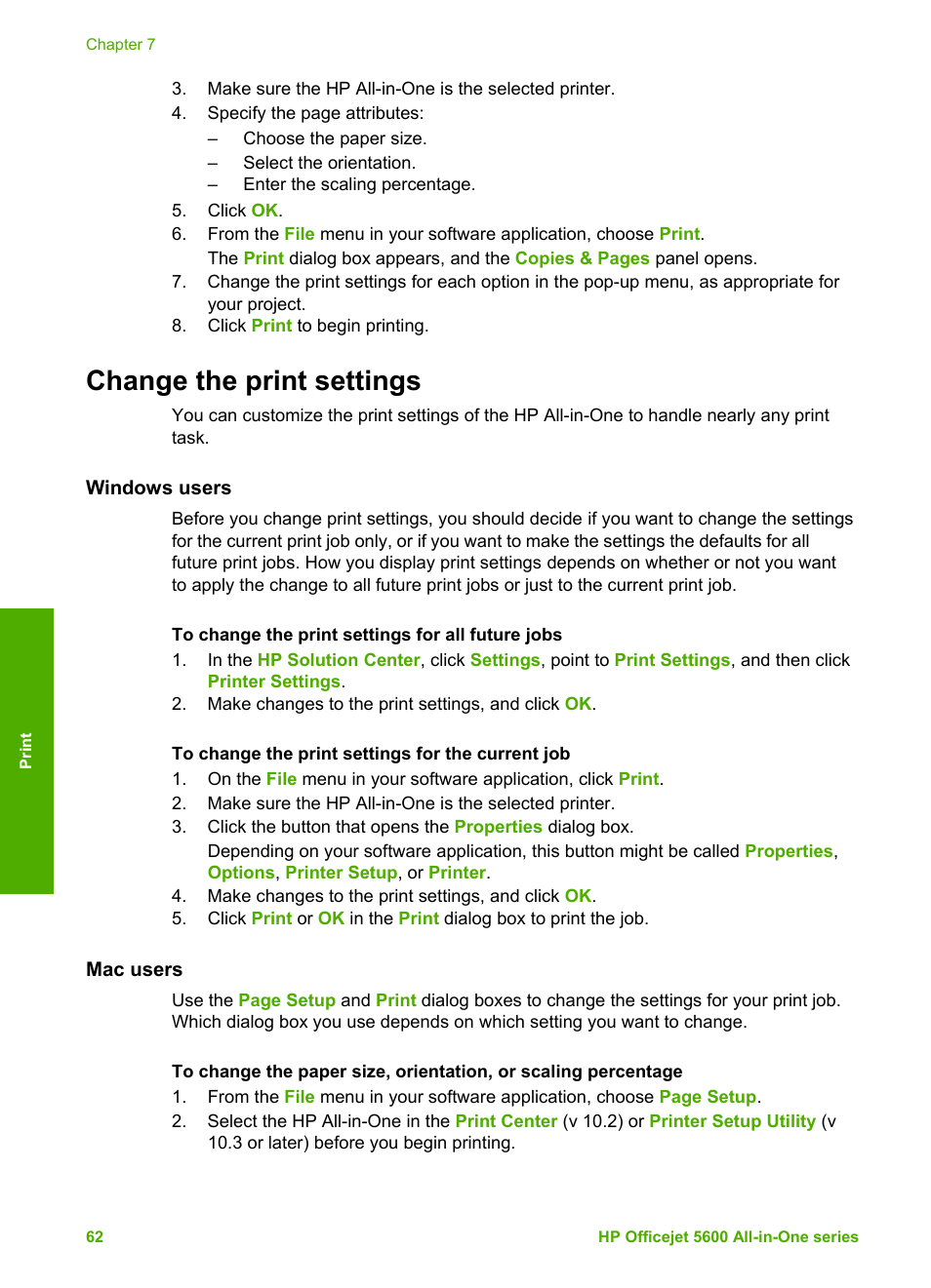 Change the print settings, Windows users, Mac users | HP Officejet 5605 All-in-One Printer User Manual | Page 65 / 142