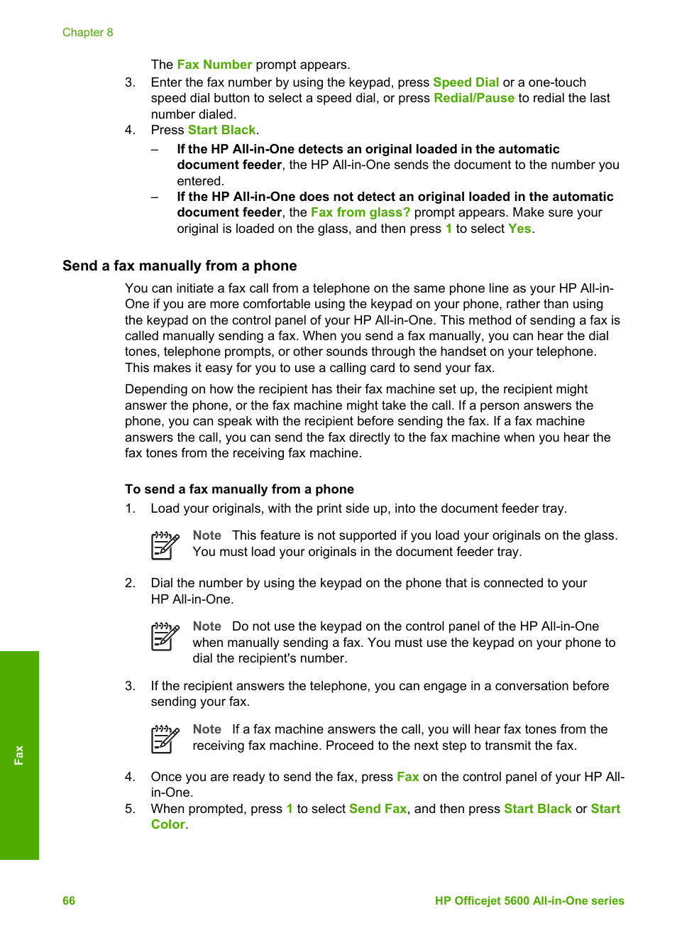 Send a fax manually from a phone, Send, A fax manually from a phone | HP Officejet 5605 All-in-One Printer User Manual | Page 69 / 142