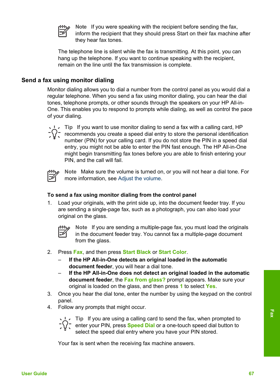 Send a fax using monitor dialing | HP Officejet 5605 All-in-One Printer User Manual | Page 70 / 142