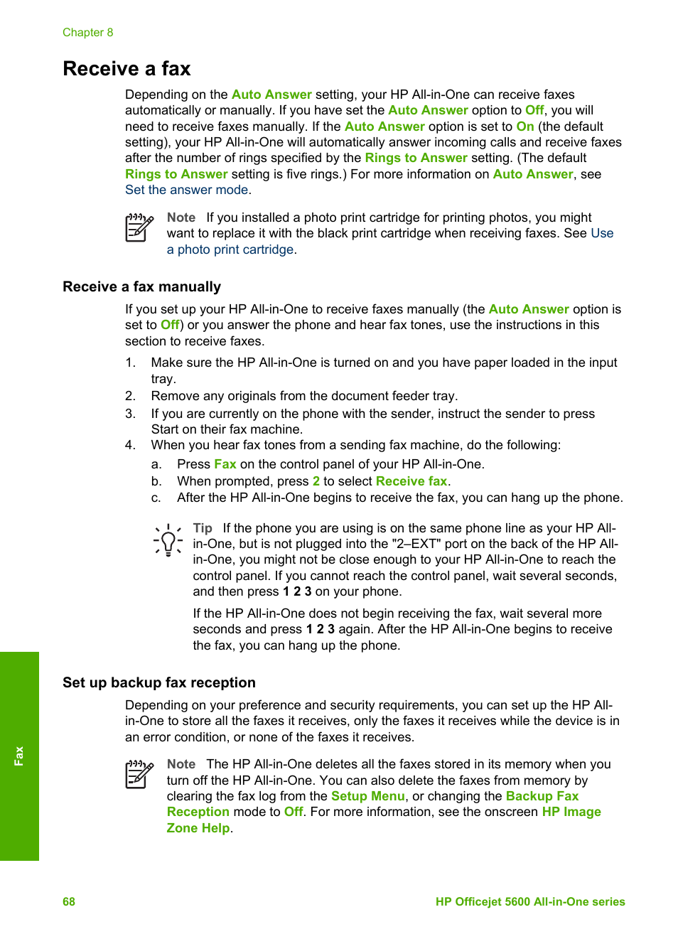 Receive a fax, Receive a fax manually, Set up backup fax reception | Receive a, Fax manually | HP Officejet 5605 All-in-One Printer User Manual | Page 71 / 142