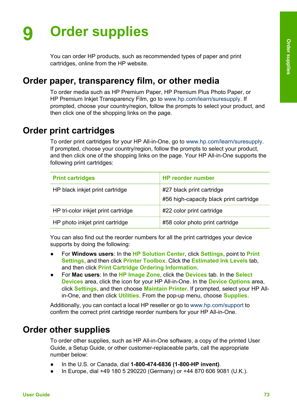 Order supplies, Order paper, transparency film, or other media, Order print cartridges | Order other supplies | HP Officejet 5605 All-in-One Printer User Manual | Page 76 / 142