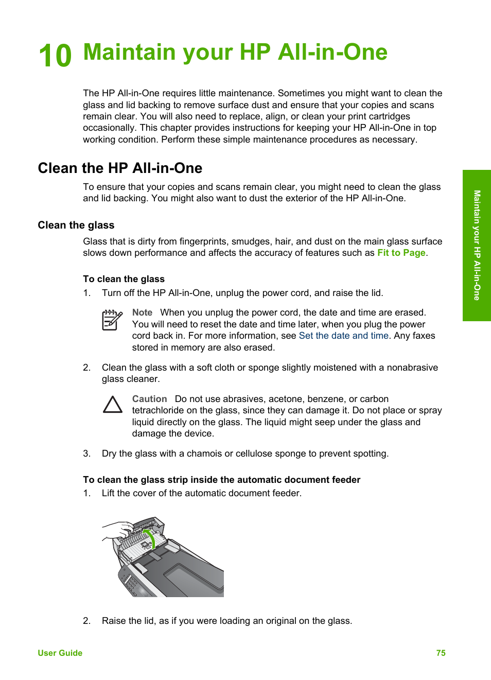 Maintain your hp all-in-one, Clean the hp all-in-one, Clean the glass | 10 maintain your hp all-in-one | HP Officejet 5605 All-in-One Printer User Manual | Page 78 / 142