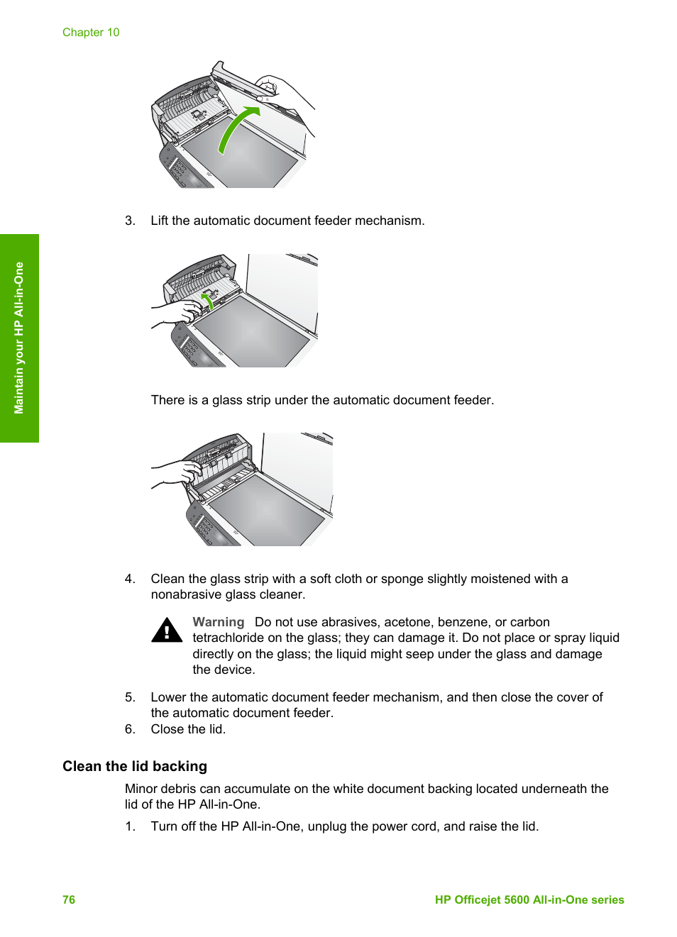 Clean the lid backing | HP Officejet 5605 All-in-One Printer User Manual | Page 79 / 142