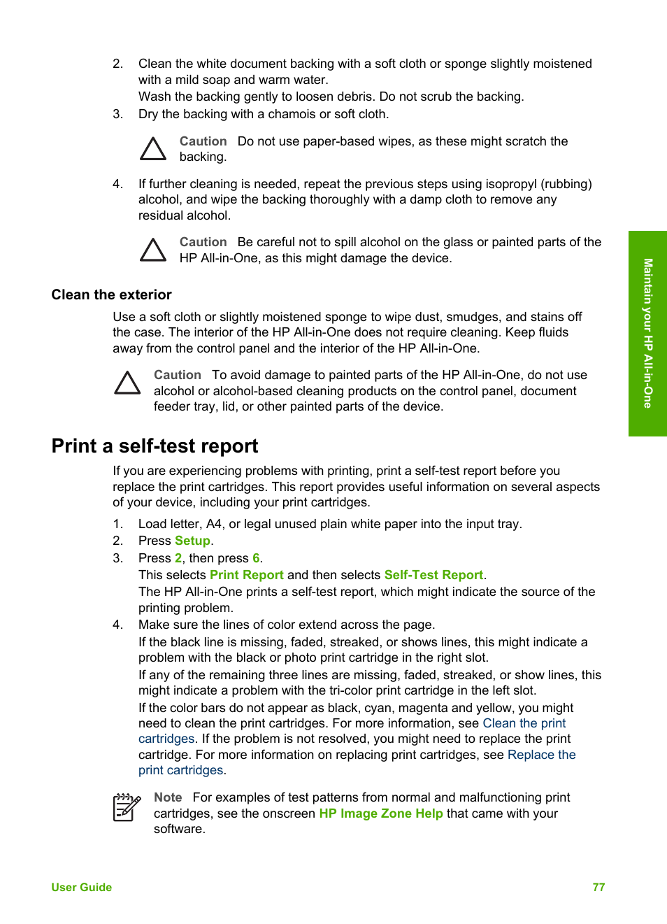 Clean the exterior, Print a self-test report | HP Officejet 5605 All-in-One Printer User Manual | Page 80 / 142