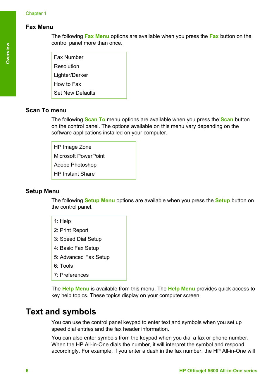 Fax menu, Scan to menu, Setup menu | Text and symbols | HP Officejet 5605 All-in-One Printer User Manual | Page 9 / 142