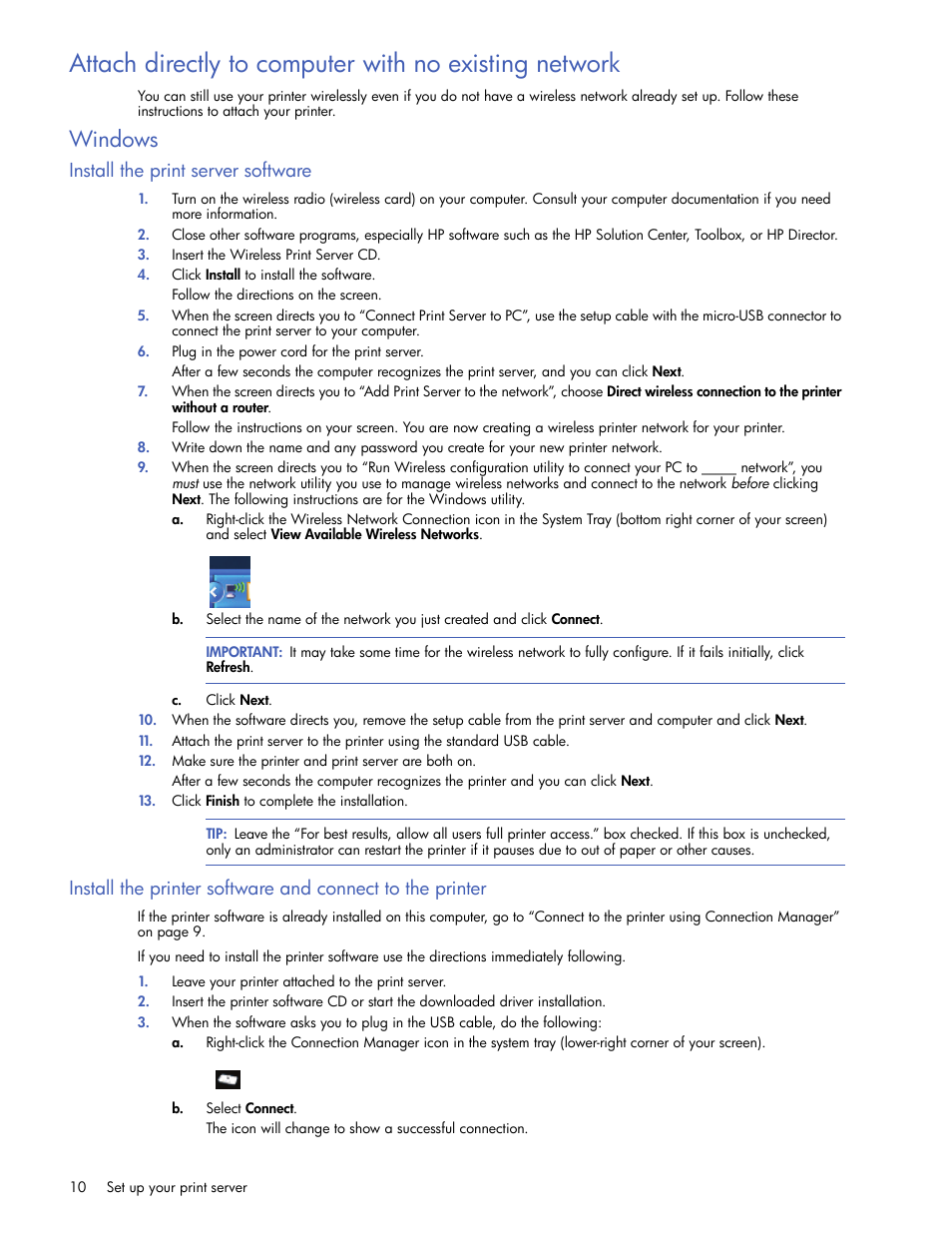 Windows, Install the print server software | HP 2101nw Wireless G Print Server User Manual | Page 10 / 26