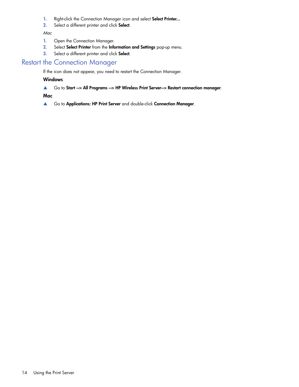 Restart the connection manager, Windows | HP 2101nw Wireless G Print Server User Manual | Page 14 / 26