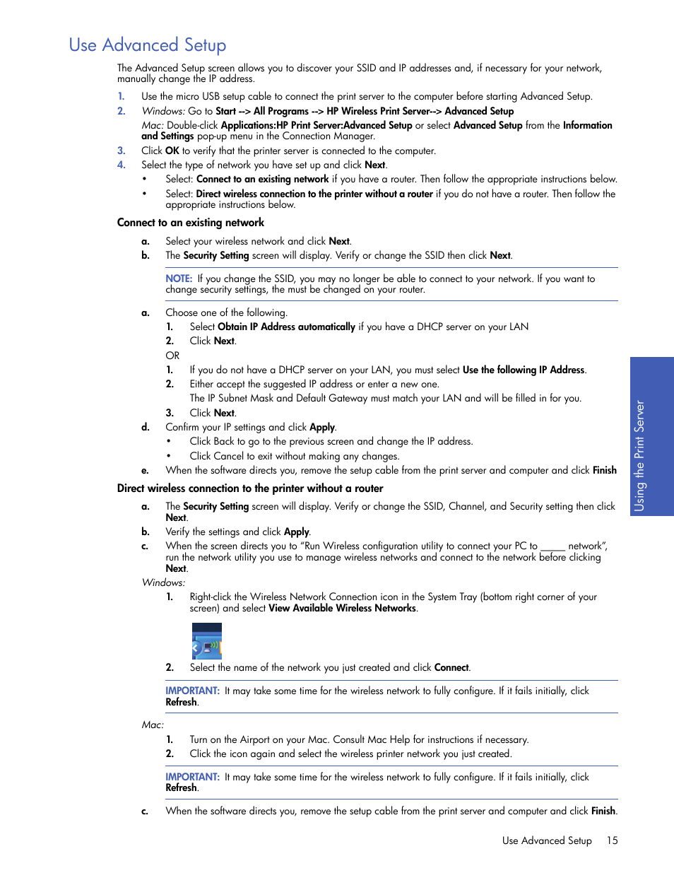 Use advanced setup, Connect to an existing network | HP 2101nw Wireless G Print Server User Manual | Page 15 / 26