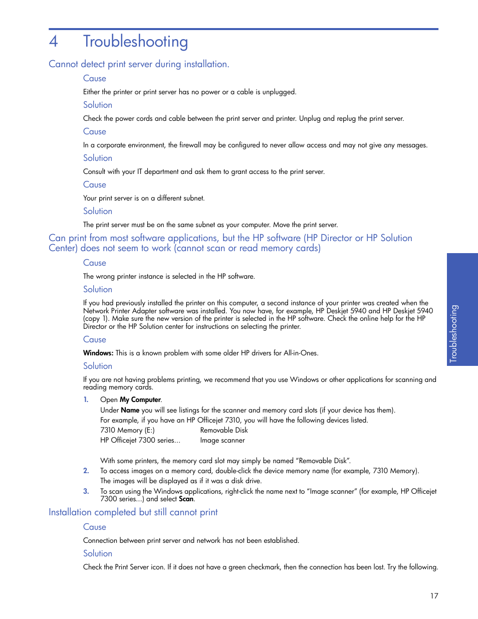 Troubleshooting, Cannot detect print server during installation, Cause | Solution, Installation completed but still cannot print, 4troubleshooting | HP 2101nw Wireless G Print Server User Manual | Page 17 / 26