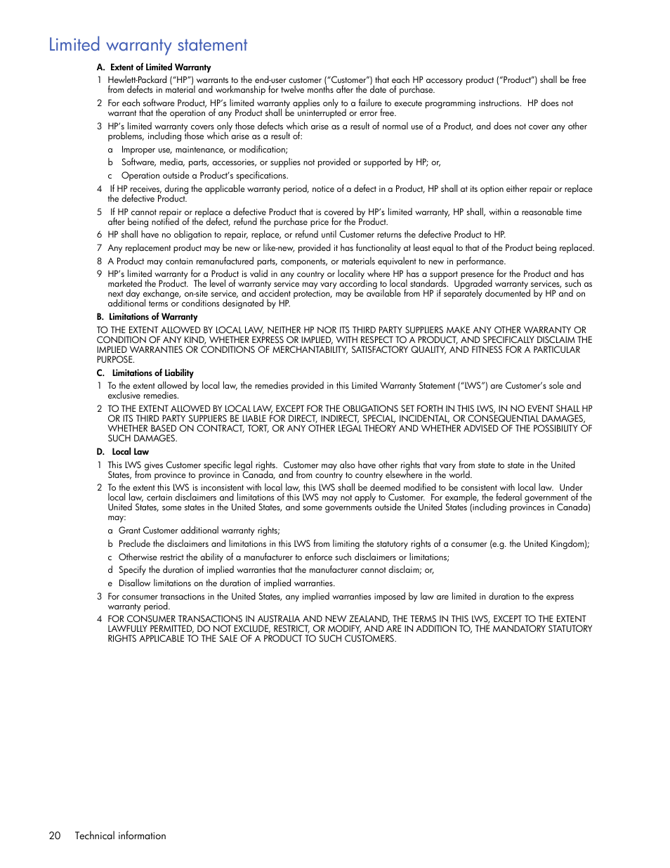 Limited warranty statement | HP 2101nw Wireless G Print Server User Manual | Page 20 / 26