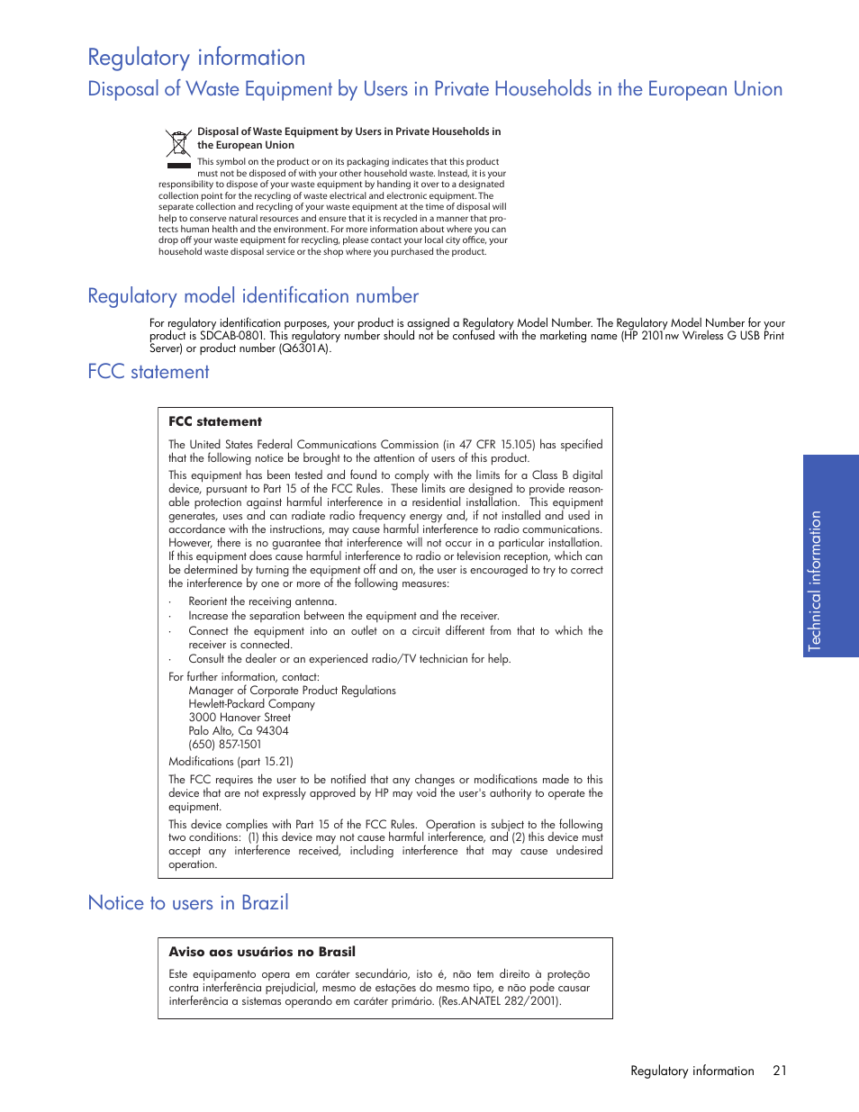 Regulatory information, Regulatory model identification number, Fcc statement | Notice to users in brazil, Fcc statement notice to users in brazil | HP 2101nw Wireless G Print Server User Manual | Page 21 / 26