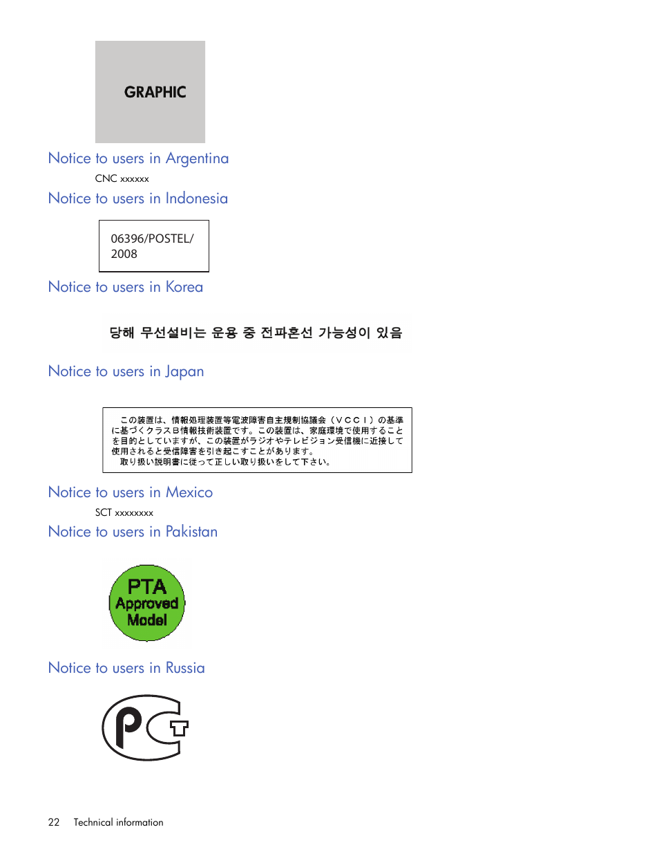 Notice to users in argentina, Notice to users in indonesia, Notice to users in korea | Notice to users in japan, Notice to users in mexico, Notice to users in pakistan, Notice to users in russia | HP 2101nw Wireless G Print Server User Manual | Page 22 / 26