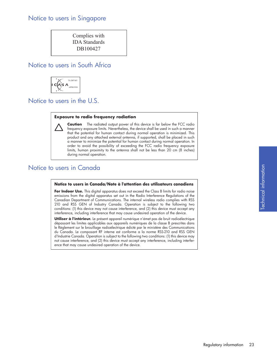 Notice to users in singapore, Notice to users in south africa, Notice to users in the u.s | Notice to users in canada | HP 2101nw Wireless G Print Server User Manual | Page 23 / 26