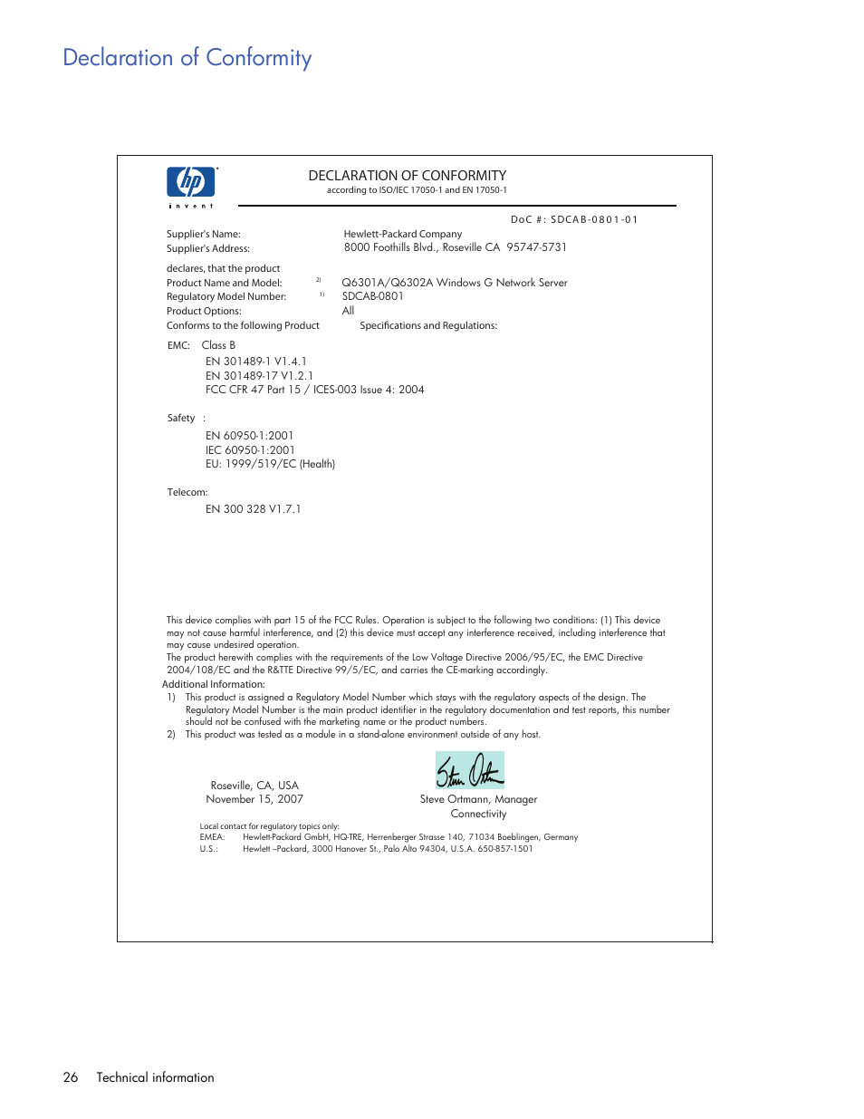 Declaration of conformity | HP 2101nw Wireless G Print Server User Manual | Page 26 / 26