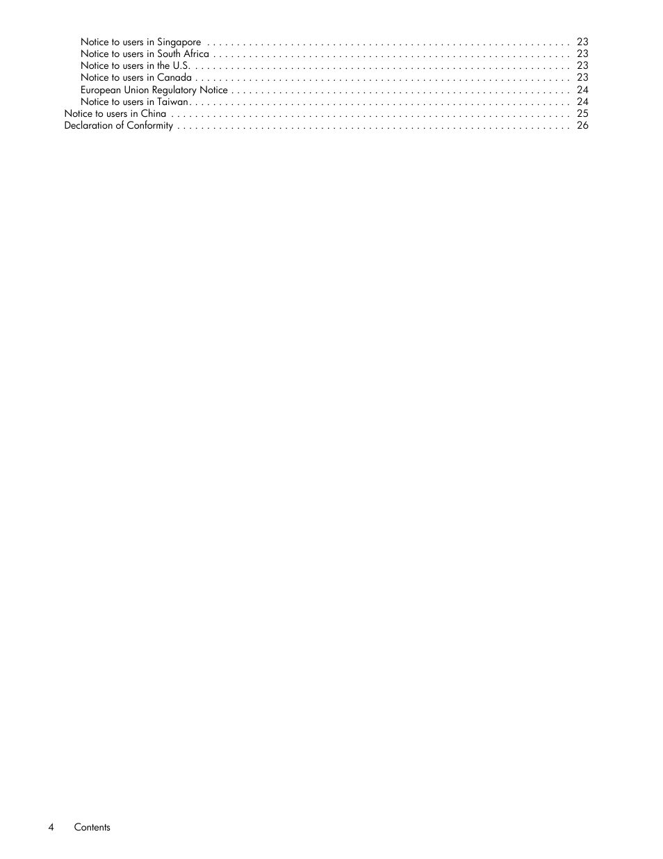 Notice to users in china 25, Declaration of conformity 26 | HP 2101nw Wireless G Print Server User Manual | Page 4 / 26