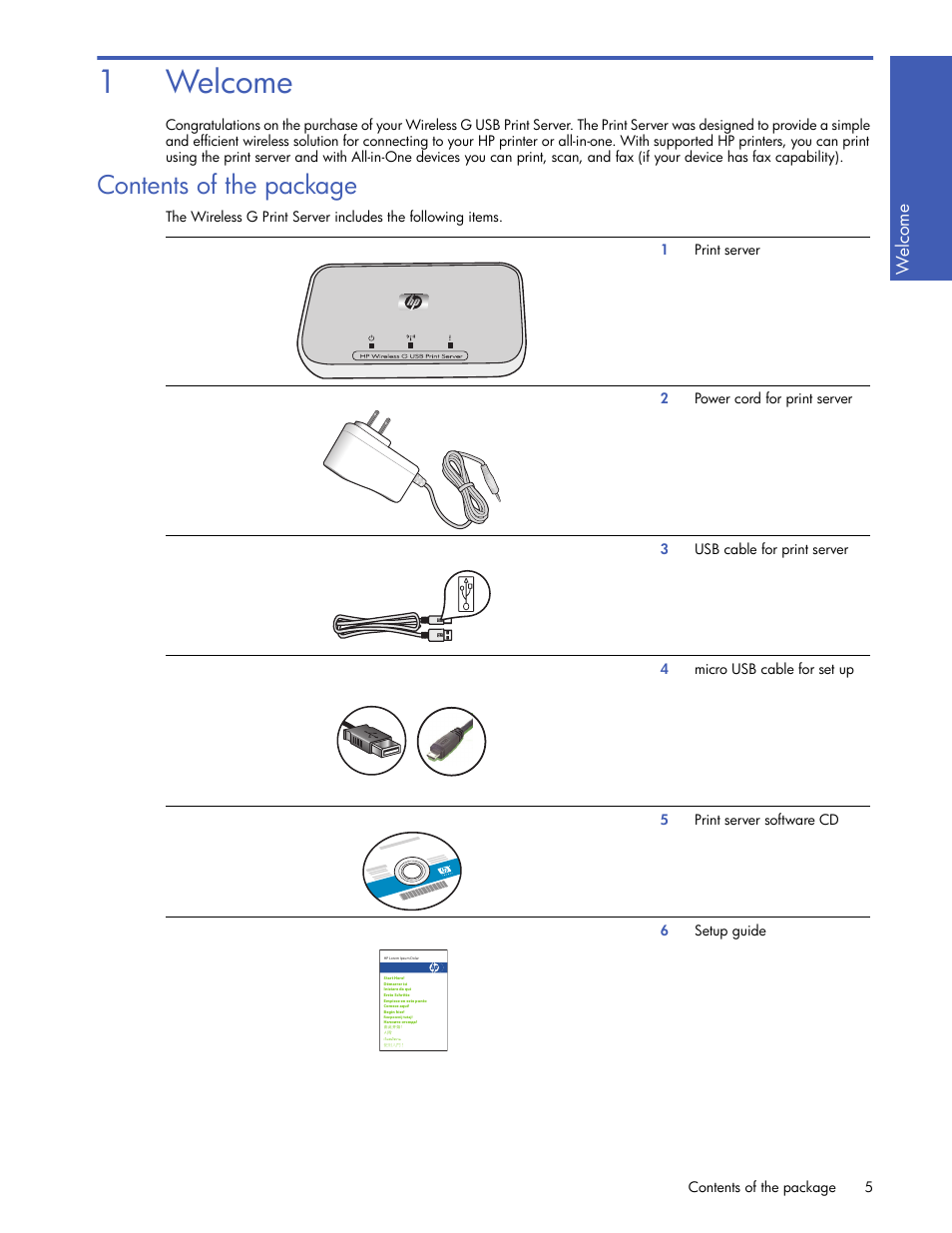 Welcome, Contents of the package, 1welcome | We lc om e | HP 2101nw Wireless G Print Server User Manual | Page 5 / 26