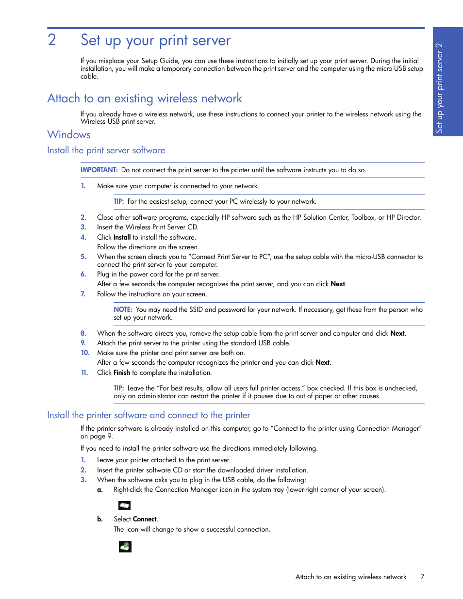 Set up your print server, Attach to an existing wireless network, Windows | Install the print server software, 2set up your print server | HP 2101nw Wireless G Print Server User Manual | Page 7 / 26