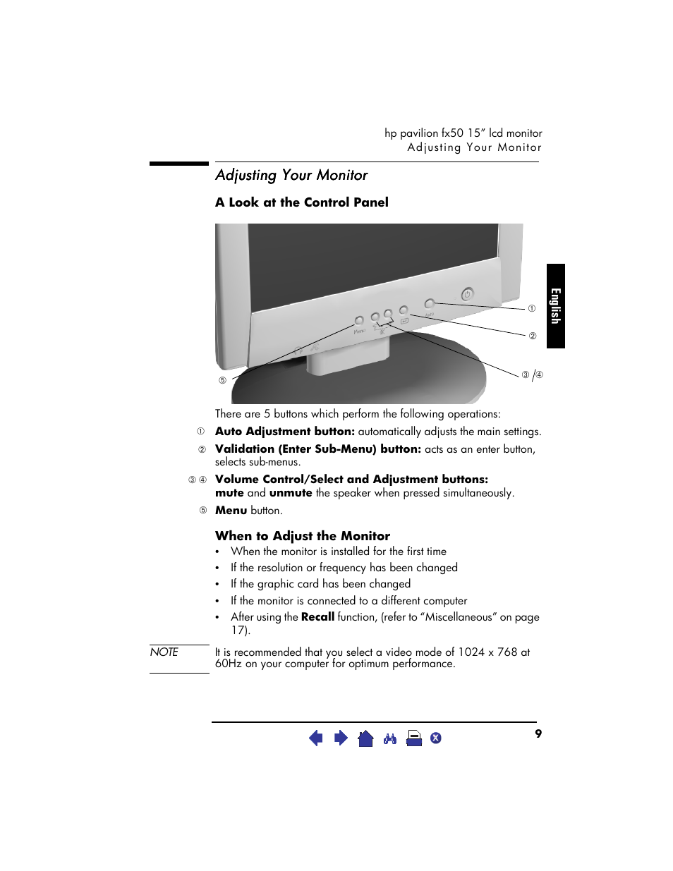 Adjusting your monitor, A look at the control panel, When to adjust the monitor | HP Pavilion fx50 15 inch Flat Panel Monitor User Manual | Page 11 / 31