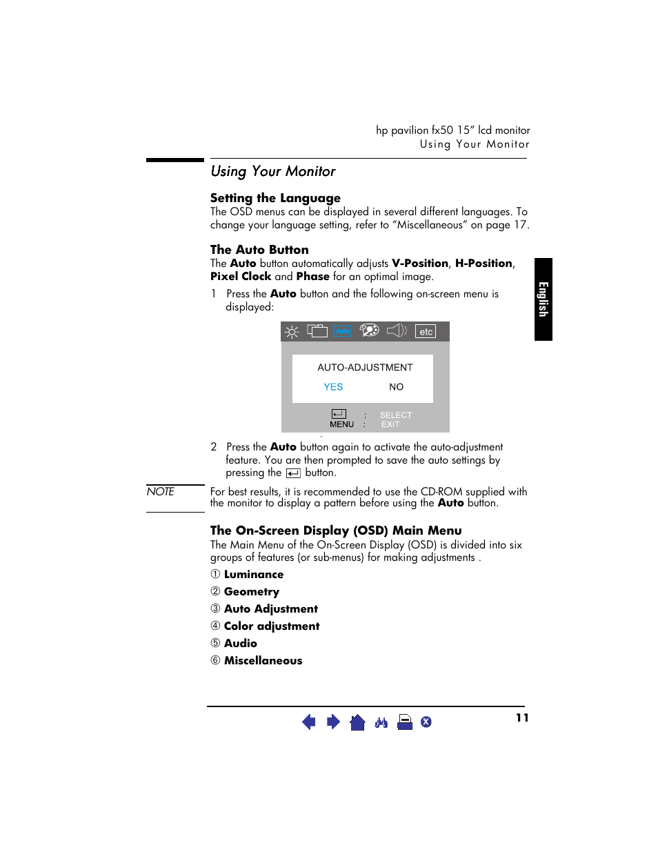 Using your monitor, Setting the language, The auto button | The on-screen display (osd) main menu | HP Pavilion fx50 15 inch Flat Panel Monitor User Manual | Page 13 / 31