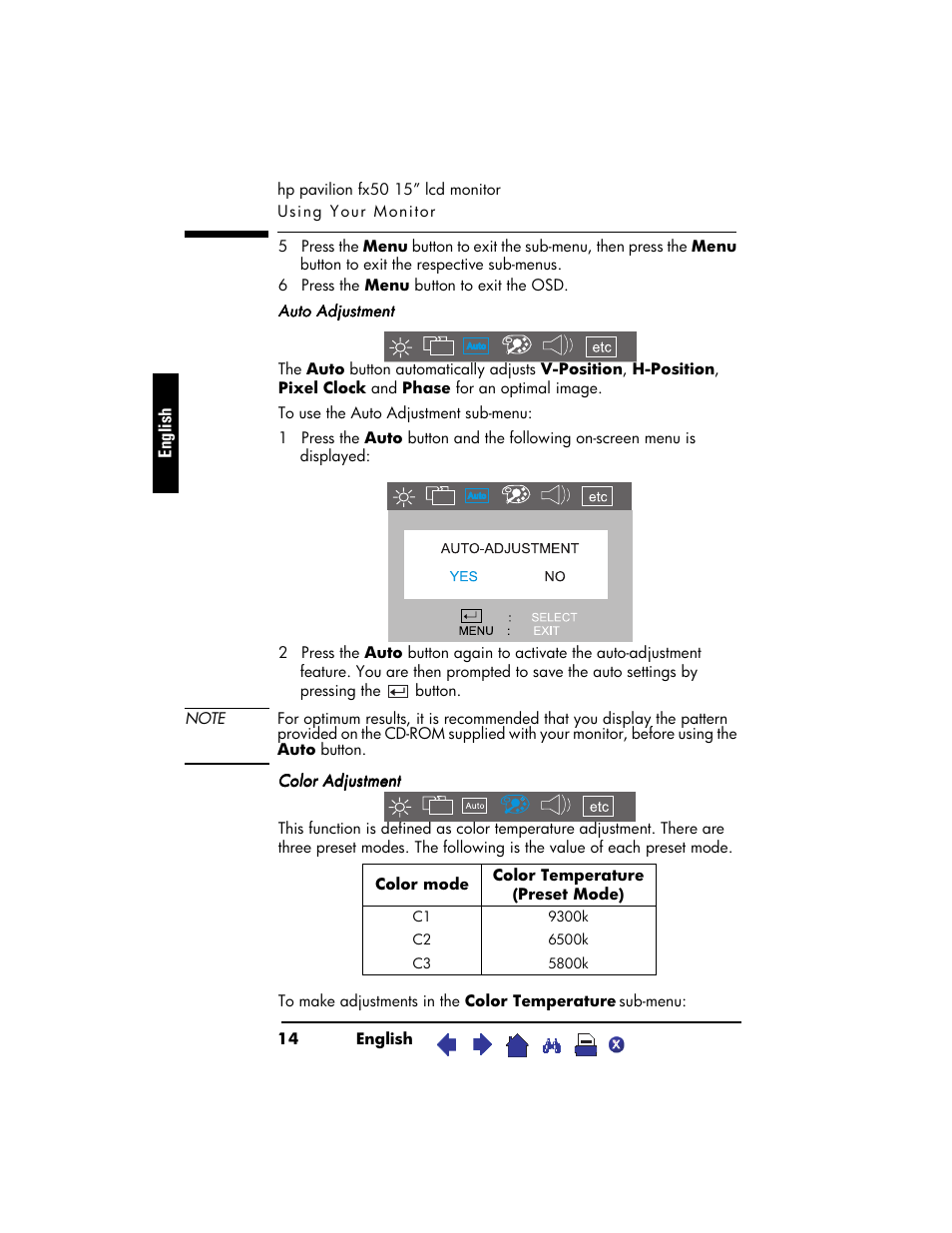 6 press the menu button to exit the osd, Auto adjustment, Color adjustment | 9300k, 6500k, 5800k | HP Pavilion fx50 15 inch Flat Panel Monitor User Manual | Page 16 / 31