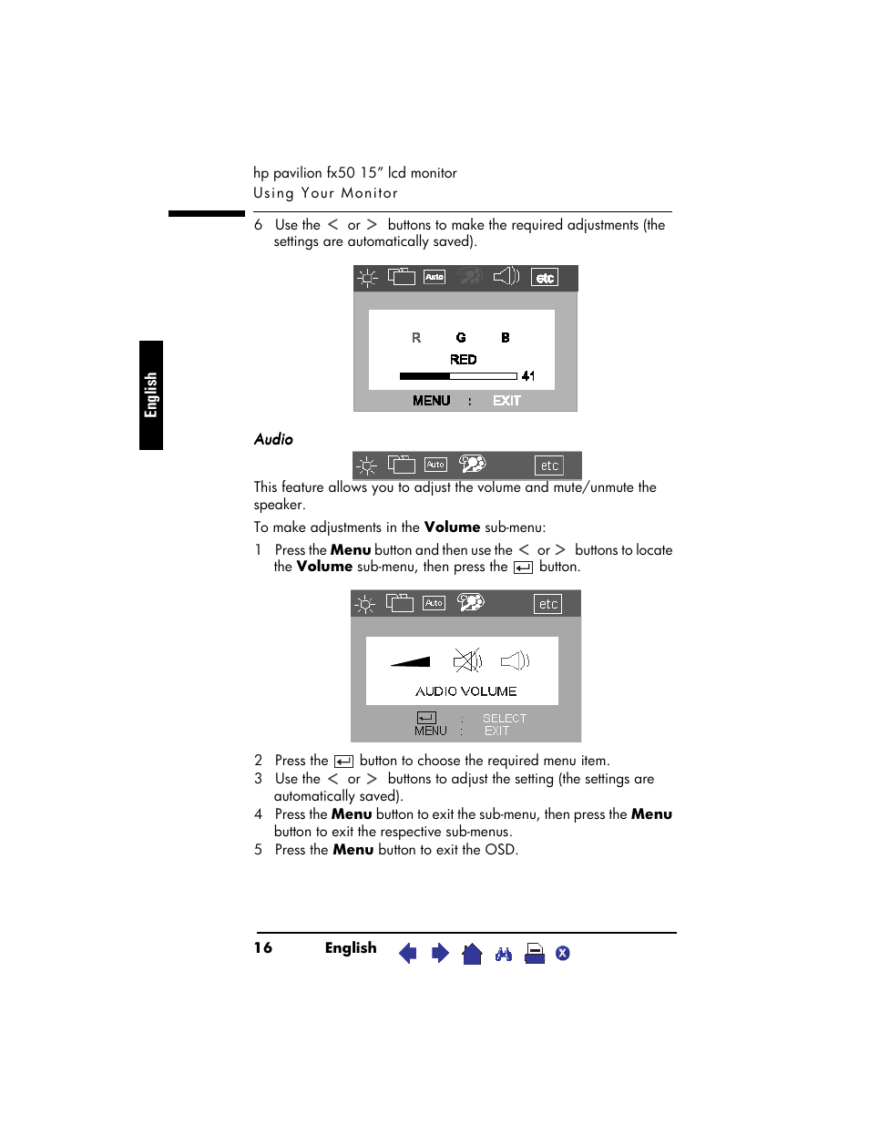 Audio, 5 press the menu button to exit the osd | HP Pavilion fx50 15 inch Flat Panel Monitor User Manual | Page 18 / 31