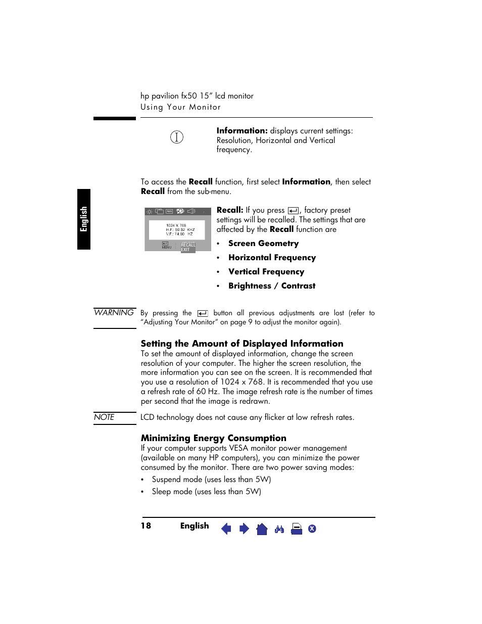 Screen geometry, Horizontal frequency, Vertical frequency | Brightness / contrast, Setting the amount of displayed information, Minimizing energy consumption | HP Pavilion fx50 15 inch Flat Panel Monitor User Manual | Page 20 / 31