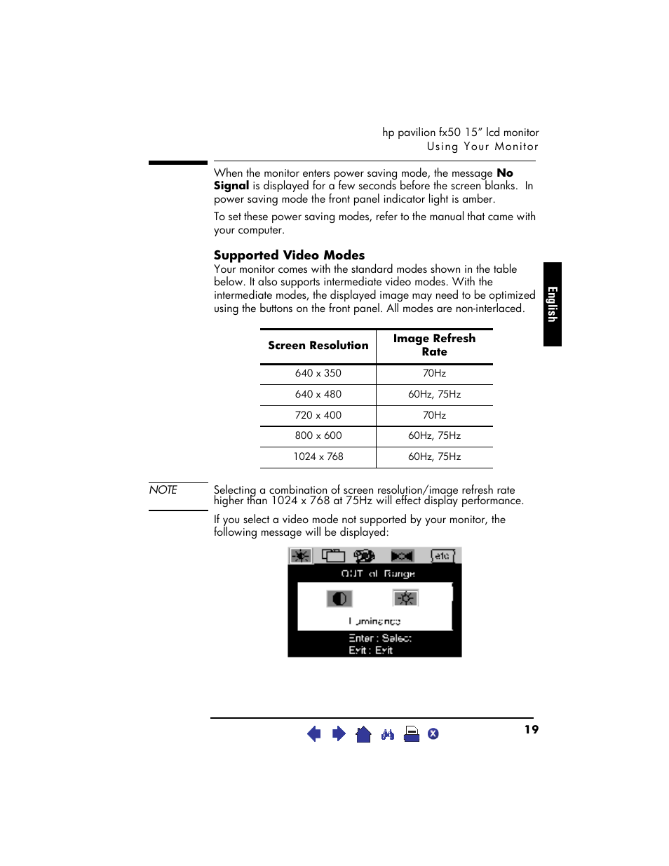 Supported video modes, 640 x 350, 70hz | 640 x 480, 60hz, 75hz, 720 x 400, 800 x 600, 1024 x 768 | HP Pavilion fx50 15 inch Flat Panel Monitor User Manual | Page 21 / 31