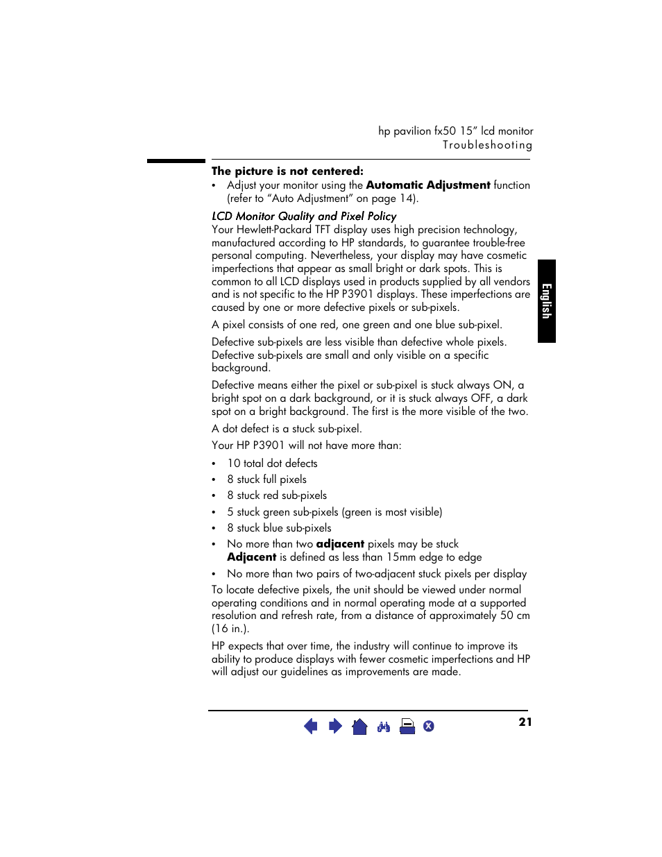 The picture is not centered, Lcd monitor quality and pixel policy | HP Pavilion fx50 15 inch Flat Panel Monitor User Manual | Page 23 / 31