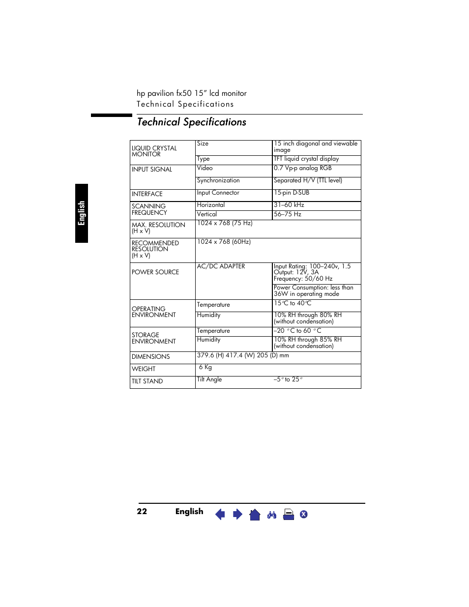 Technical specifications, En glish | HP Pavilion fx50 15 inch Flat Panel Monitor User Manual | Page 24 / 31