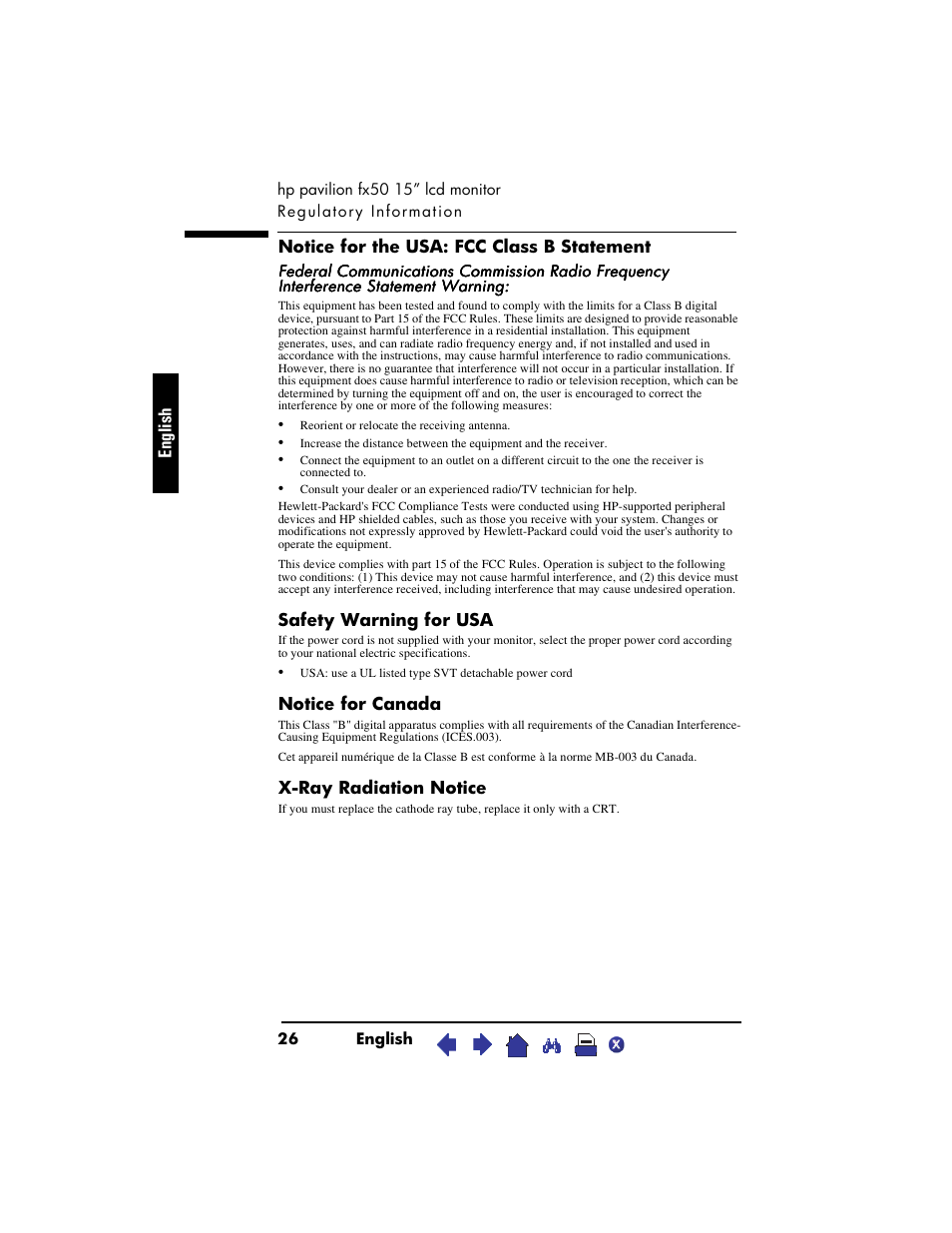 Notice for the usa: fcc class b statement, Safety warning for usa, Notice for canada | X-ray radiation notice, En glish | HP Pavilion fx50 15 inch Flat Panel Monitor User Manual | Page 28 / 31