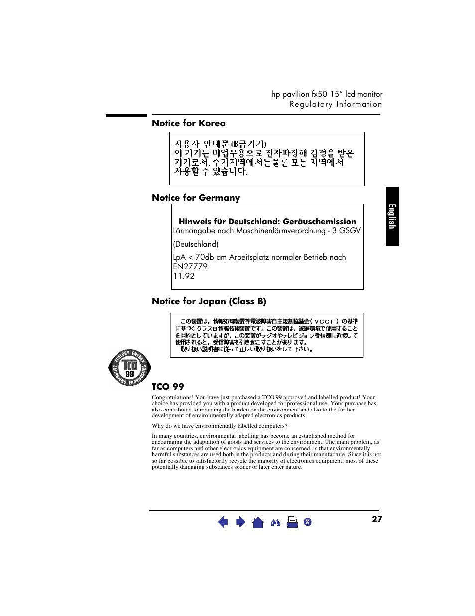 Notice for korea, Notice for germany, Notice for japan (class b) | Tco 99 | HP Pavilion fx50 15 inch Flat Panel Monitor User Manual | Page 29 / 31