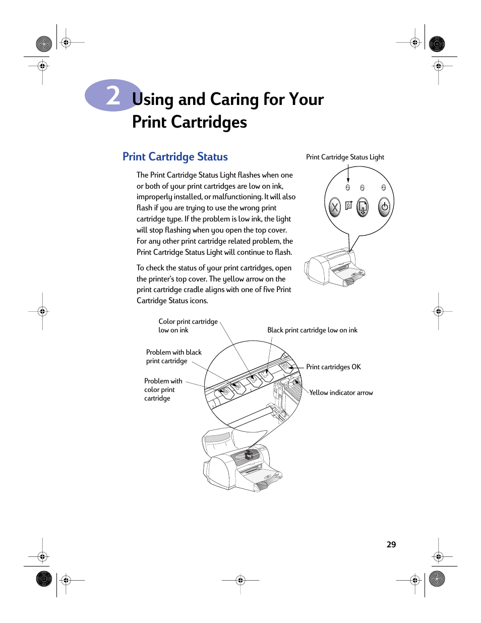 Using and caring for your print cartridges, Print cartridge status | HP Deskjet 970cxi Printer User Manual | Page 36 / 82