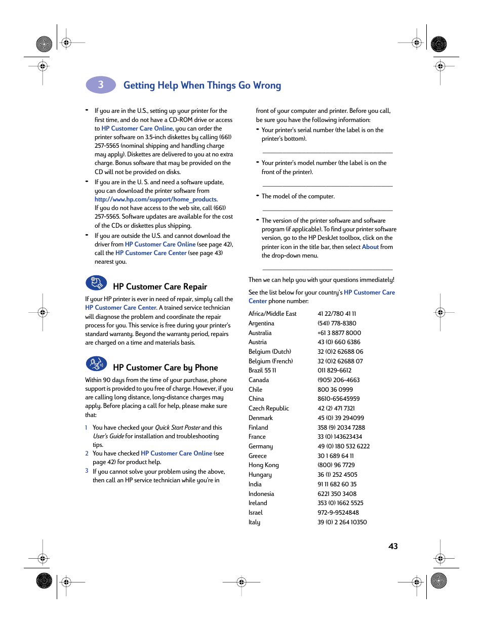 Getting help when things go wrong, Hp customer care repair, Hp customer care by phone | HP Deskjet 970cxi Printer User Manual | Page 50 / 82