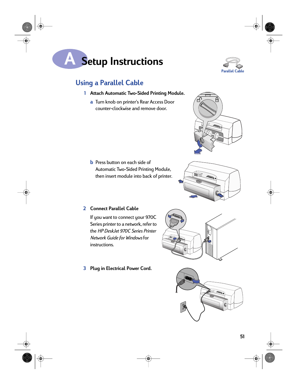 Setup instructions, Using a parallel cable, Appendix a | HP Deskjet 970cxi Printer User Manual | Page 58 / 82