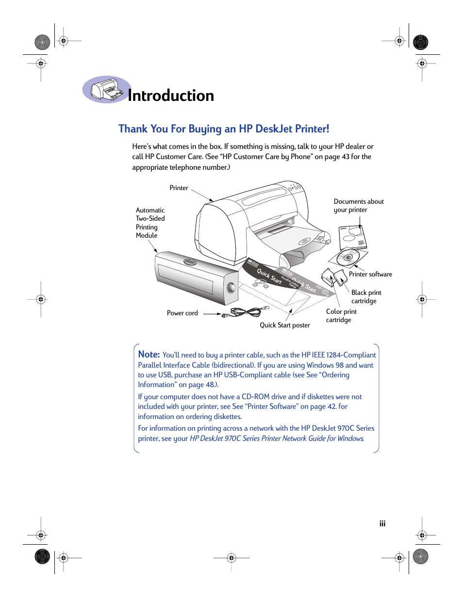 Introduction, Thank you for buying an hp deskjet printer | HP Deskjet 970cxi Printer User Manual | Page 6 / 82