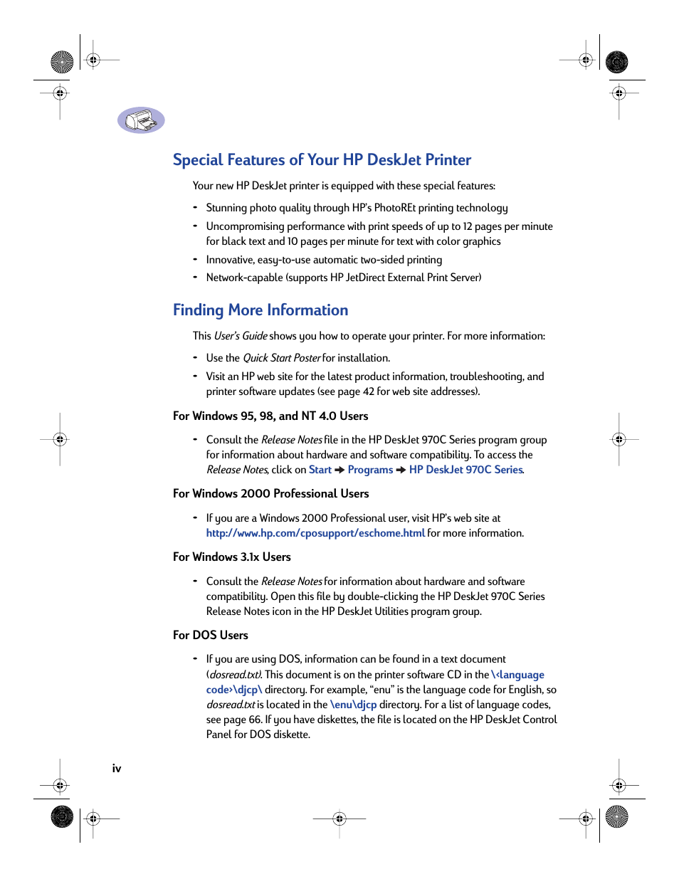 Special features of your hp deskjet printer, Finding more information | HP Deskjet 970cxi Printer User Manual | Page 7 / 82