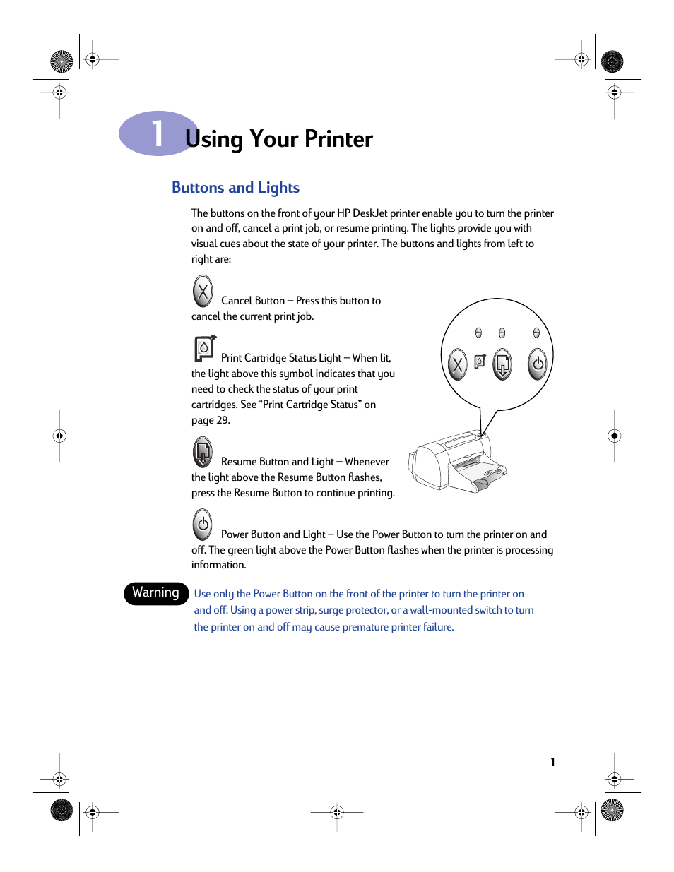 Using your printer, Buttons and lights, Chapter 1 using your printer | HP Deskjet 970cxi Printer User Manual | Page 8 / 82