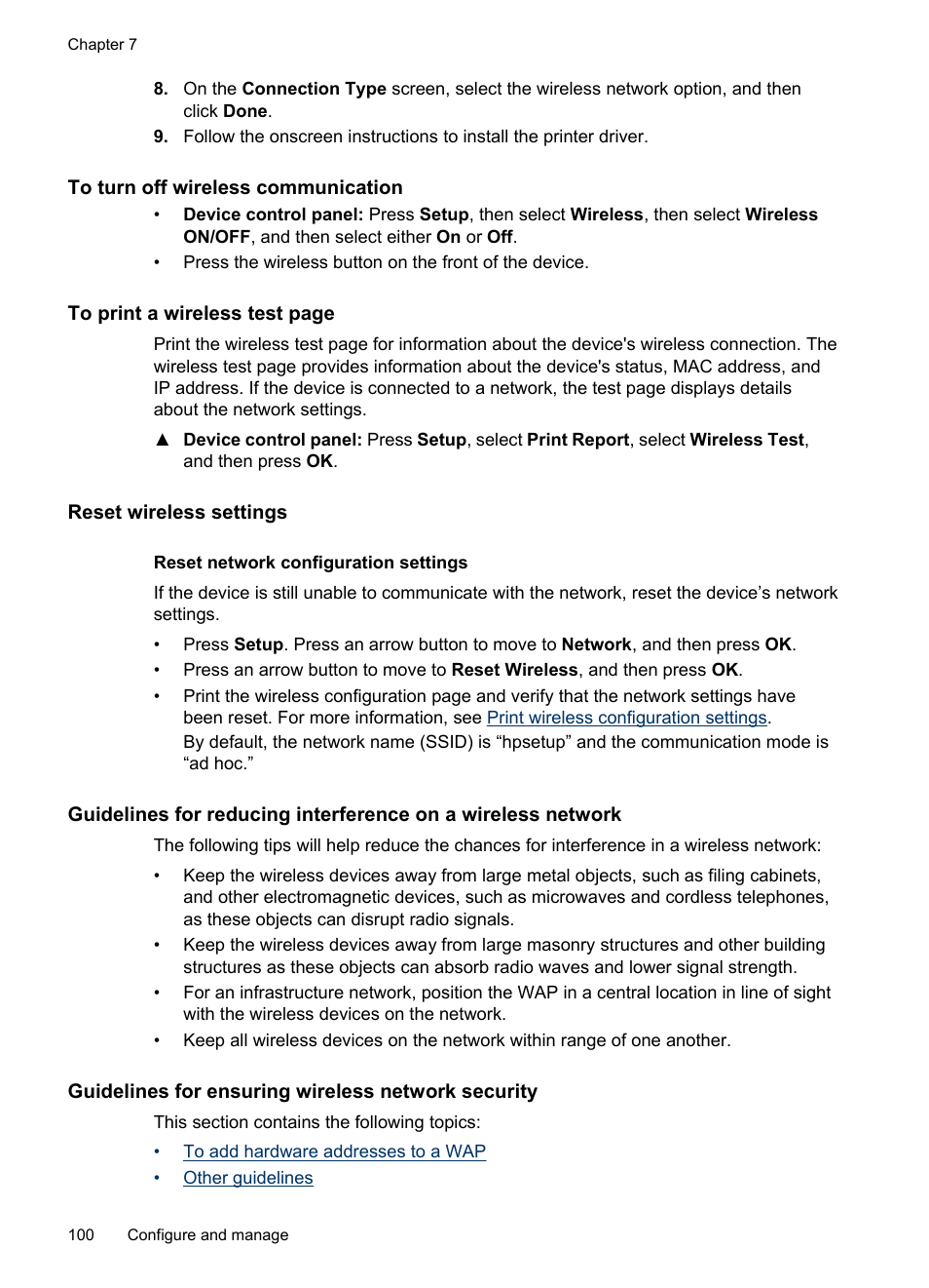 To turn off wireless communication, Reset wireless settings, Guidelines for ensuring wireless network security | HP Officejet J4680 User Manual | Page 104 / 196