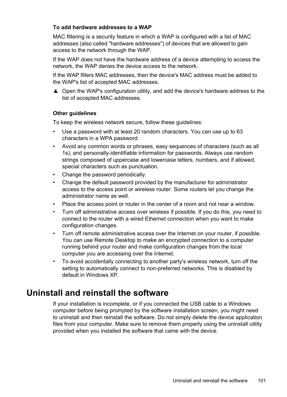 To add hardware addresses to a wap, Other guidelines, Uninstall and reinstall the software | HP Officejet J4680 User Manual | Page 105 / 196