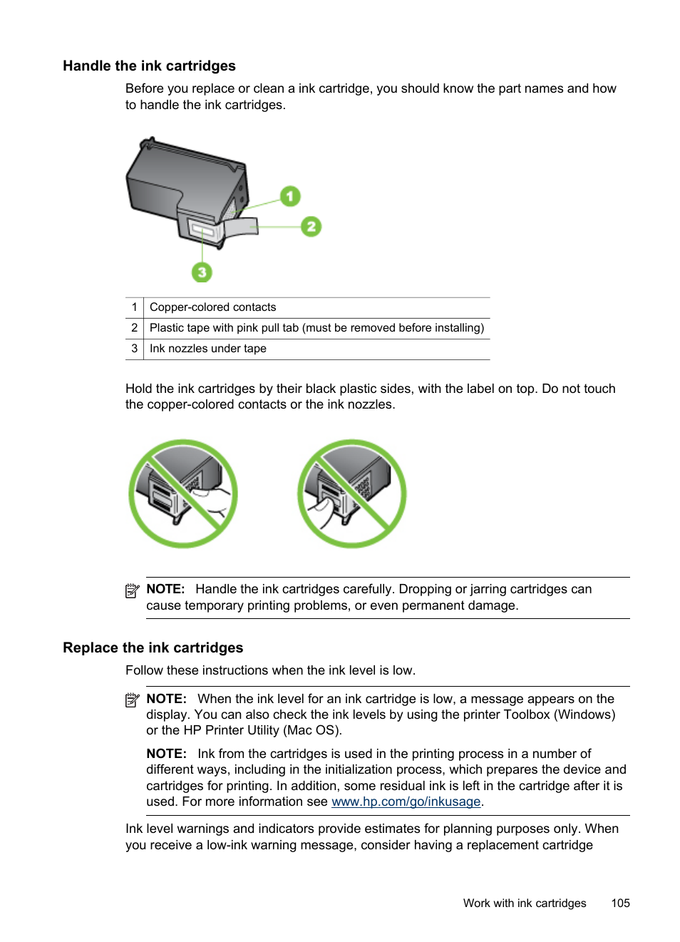 Handle the ink cartridges, Replace the ink cartridges | HP Officejet J4680 User Manual | Page 109 / 196