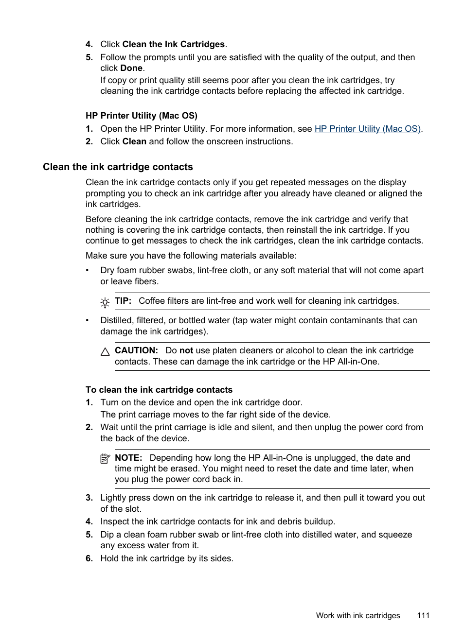 Clean the ink cartridge contacts | HP Officejet J4680 User Manual | Page 115 / 196