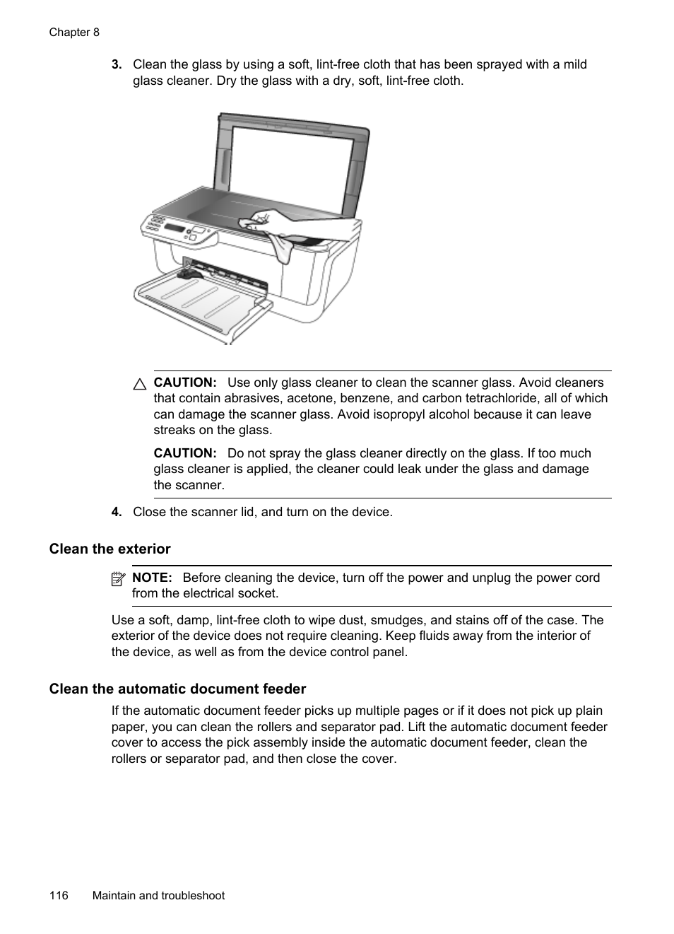 Clean the exterior, Clean the automatic document feeder | HP Officejet J4680 User Manual | Page 120 / 196