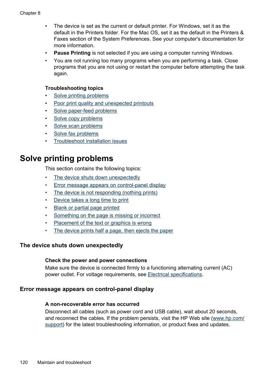 Solve printing problems, The device shuts down unexpectedly, Error message appears on control-panel display | HP Officejet J4680 User Manual | Page 124 / 196