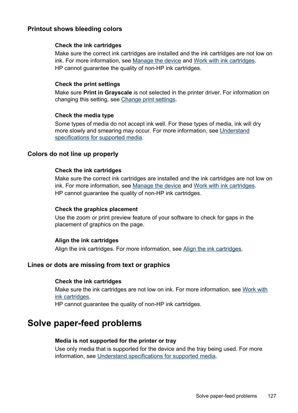 Printout shows bleeding colors, Colors do not line up properly, Lines or dots are missing from text or graphics | Solve paper-feed problems, Solve, Paper-feed problems | HP Officejet J4680 User Manual | Page 131 / 196