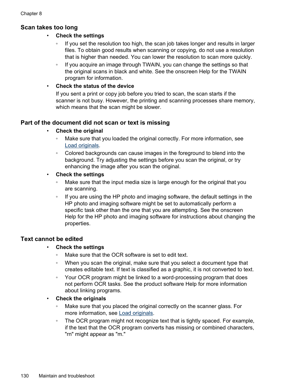 Scan takes too long, Text cannot be edited | HP Officejet J4680 User Manual | Page 134 / 196